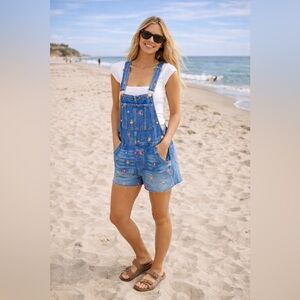 DRIFTWOOD x Anthropologie Blue Denim Overalls with Cute Mushroom Embroidery.